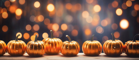 Happy Thanksgiving season celebration traditional pumpkins on decorated wooden table with lights fall background. Halloween decorations wood illuminated autumn cozy backdrop, copy space.の素材