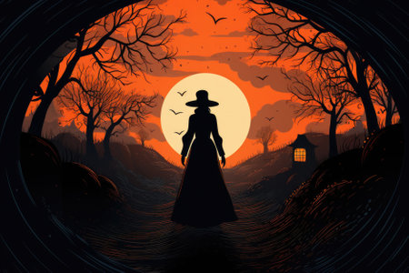 Magic gothic enchanted witch woman evil fairy cartoon character girl wearing dress in Happy Halloween spooky scary fantasy fall scene with full moon creepy horror night light background. Copy space.の素材