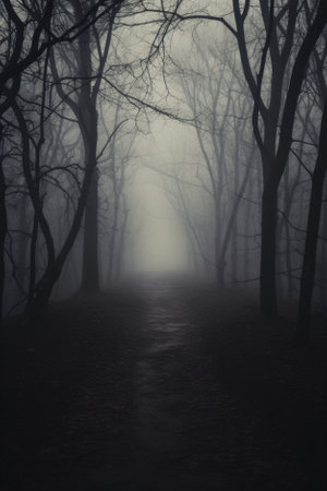 Misty spooky forest background, gloomy trees in scary horror foggy woods Happy Halloween dark night creepy nature mist fantasy atmosphere mystery dramatic landscape fall nightmare scenery. Copy spaceの素材