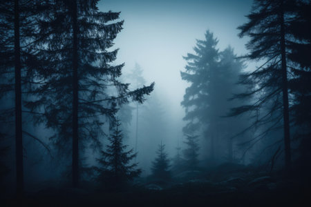 Misty spooky forest background, gloomy trees in scary horror foggy woods Happy Halloween dark night creepy nature mist fantasy atmosphere mystery dramatic landscape fall nightmare scenery. Copy spaceの素材