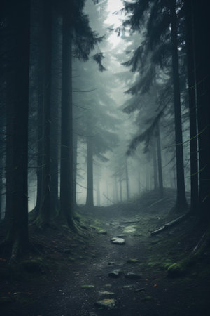 Misty spooky forest background, gloomy trees in scary horror foggy woods Happy Halloween dark night creepy nature mist fantasy atmosphere mystery dramatic landscape fall nightmare scenery. Copy spaceの素材