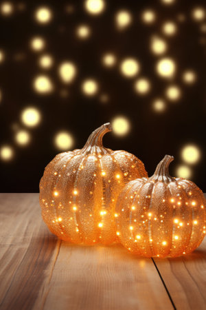 Happy Thanksgiving season celebration traditional pumpkins on decorated wooden table with lights fall background. Halloween decorations wood illuminated autumn cozy backdrop, copy space.の素材