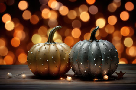Happy Thanksgiving season celebration traditional pumpkins on decorated wooden table with lights fall background. Halloween decorations wood illuminated autumn cozy backdrop, copy space.の素材