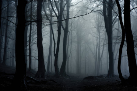 Misty spooky forest background, gloomy trees in scary horror foggy woods Happy Halloween dark night creepy nature mist fantasy atmosphere mystery dramatic landscape fall nightmare scenery. Copy spaceの素材