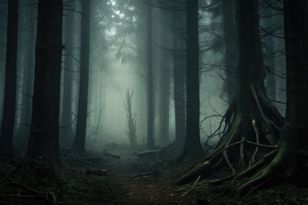 Misty spooky forest background, gloomy trees in scary horror foggy woods Happy Halloween dark night creepy nature mist fantasy atmosphere mystery dramatic landscape fall nightmare scenery. Copy spaceの素材