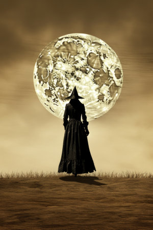 Magic gothic enchanted witch woman evil fairy girl magician character wearing dress and hat in Happy Halloween spooky scary fantasy fall scene with full moon creepy horror night light background.の素材
