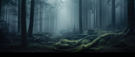 Misty spooky forest background, gloomy trees in scary horror foggy woods Happy Halloween dark night creepy nature mist fantasy atmosphere mystery dramatic landscape fall nightmare scenery. Copy spaceの素材