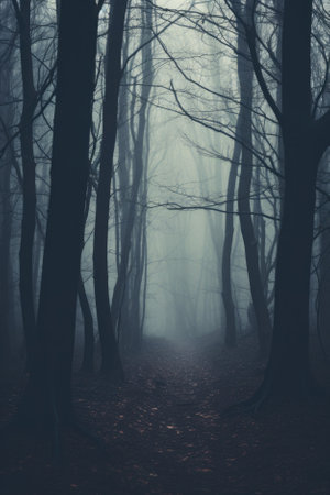 Misty spooky forest background, gloomy trees in scary horror foggy woods Happy Halloween dark night creepy nature mist fantasy atmosphere mystery dramatic landscape fall nightmare scenery. Copy spaceの素材