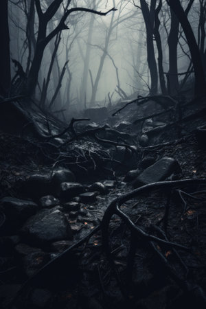 Misty spooky forest background, gloomy trees in scary horror foggy woods Happy Halloween dark night creepy nature mist fantasy atmosphere mystery dramatic landscape fall nightmare scenery. Copy spaceの素材