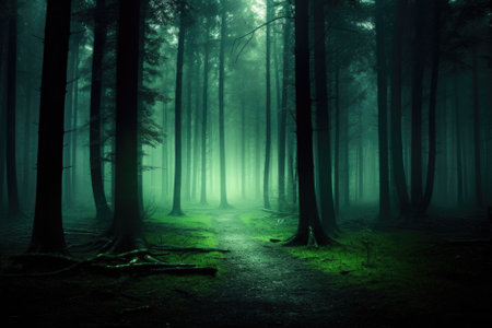 Misty spooky forest background, gloomy trees in scary horror foggy woods Happy Halloween dark night creepy nature mist fantasy atmosphere mystery dramatic landscape fall nightmare scenery. Copy spaceの素材