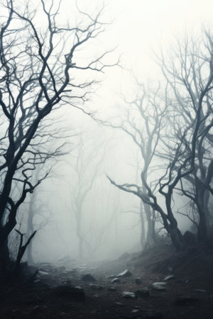 Misty spooky forest background, gloomy trees in scary horror foggy woods Happy Halloween dark night creepy nature mist fantasy atmosphere mystery dramatic landscape fall nightmare scenery. Copy spaceの素材
