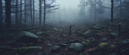 Misty spooky forest background, gloomy trees in scary horror foggy woods Happy Halloween dark night creepy nature mist fantasy atmosphere mystery dramatic landscape fall nightmare scenery. Copy spaceの素材