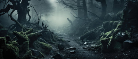 Misty spooky forest background, gloomy trees in scary horror foggy woods Happy Halloween dark night creepy nature mist fantasy atmosphere mystery dramatic landscape fall nightmare scenery. Copy spaceの素材