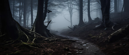 Misty spooky forest background, gloomy trees in scary horror foggy woods Happy Halloween dark night creepy nature mist fantasy atmosphere mystery dramatic landscape fall nightmare scenery. Copy spaceの素材