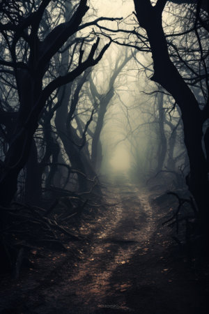 Misty spooky forest background, gloomy trees in scary horror foggy woods Happy Halloween dark night creepy nature mist fantasy atmosphere mystery dramatic landscape fall nightmare scenery. Copy spaceの素材
