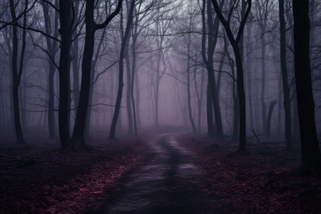 Misty spooky forest background, gloomy trees in scary horror foggy woods Happy Halloween dark night creepy nature mist fantasy atmosphere mystery dramatic landscape fall nightmare scenery. Copy spaceの素材