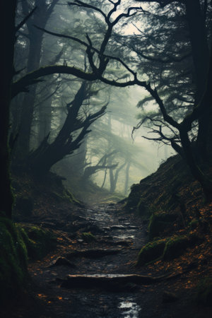 Misty spooky forest background, gloomy trees in scary horror foggy woods Happy Halloween dark night creepy nature mist fantasy atmosphere mystery dramatic landscape fall nightmare scenery. Copy spaceの素材