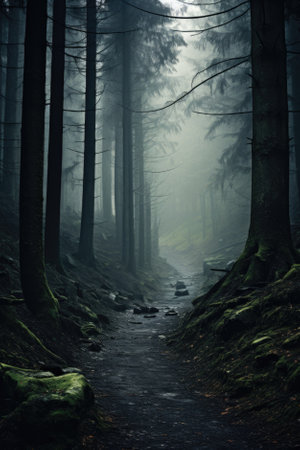 Misty spooky forest background, gloomy trees in scary horror foggy woods Happy Halloween dark night creepy nature mist fantasy atmosphere mystery dramatic landscape fall nightmare scenery. Copy spaceの素材