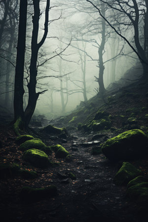 Misty spooky forest background, gloomy trees in scary horror foggy woods Happy Halloween dark night creepy nature mist fantasy atmosphere mystery dramatic landscape fall nightmare scenery. Copy spaceの素材
