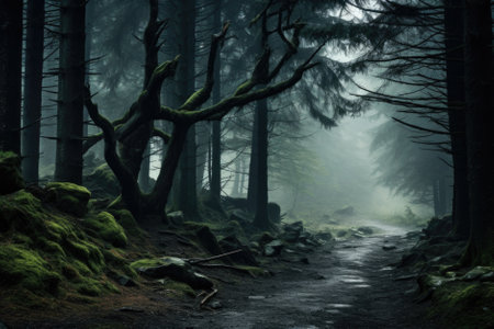 Misty spooky forest background, gloomy trees in scary horror foggy woods Happy Halloween dark night creepy nature mist fantasy atmosphere mystery dramatic landscape fall nightmare scenery. Copy spaceの素材