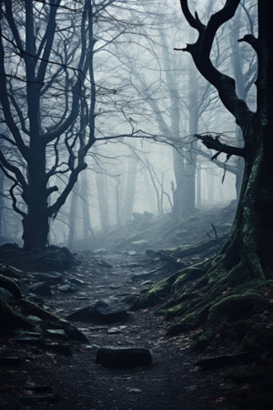 Misty spooky forest background, gloomy trees in scary horror foggy woods Happy Halloween dark night creepy nature mist fantasy atmosphere mystery dramatic landscape fall nightmare scenery. Copy spaceの素材