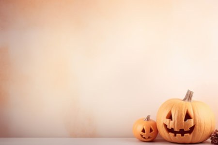 Happy Halloween holiday spooky scary background with decoration pumpkins and bats, Haloween event invitation poster card backdrop, trick or treat witch fall party. Copy empty space.の素材