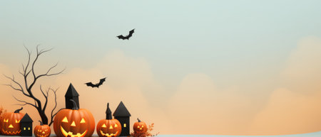 Happy Halloween holiday spooky scary background with decorations pumpkins, Haloween event invitation poster card mysterious pastel backdrop, trick or treat fall party. Copy space.の素材