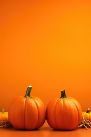 Happy Halloween holiday spooky scary background with decorations pumpkins, Haloween event invitation poster card mysterious orange backdrop, trick or treat fall party. Copy space.の素材