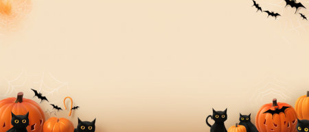 Happy Halloween holiday spooky scary background with decoration pumpkins and bats, Haloween event invitation poster card backdrop, trick or treat black cats fall party. Copy empty space.の素材