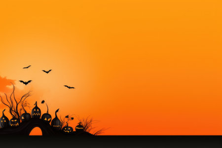 Happy Halloween holiday spooky scary background with decorations pumpkins, Haloween event invitation poster card mysterious orange backdrop, trick or treat fall party. Copy space.の素材