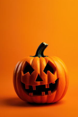 Happy Halloween holiday spooky scary background with decorations pumpkins, Haloween event invitation poster card mysterious orange backdrop, trick or treat fall party. Copy space.の素材