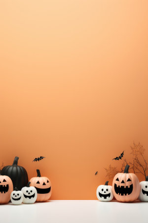 Happy Halloween holiday spooky scary background with decorations pumpkins, Haloween event invitation poster card mysterious pastel backdrop, trick or treat fall party. Copy space.の素材