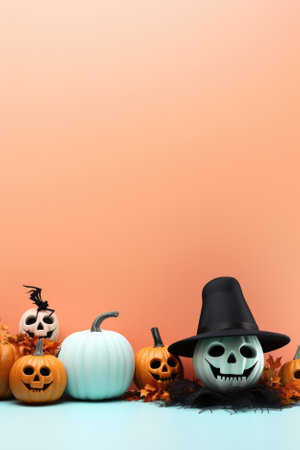 Happy Halloween holiday spooky scary background with decorations pumpkins, Haloween event invitation poster card mysterious pastel backdrop, trick or treat fall party. Copy space.の素材