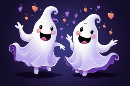 Two cute cartoon ghosts characters at Happy Halloween background having fun celebrating Haloween scary spooky haunted night fantasy fall scene party. Helloween invitation backdrop.の素材