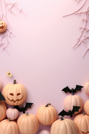 Happy Halloween holiday spooky scary background with decorations pumpkins, Haloween event invitation poster card mysterious pastel backdrop, trick or treat fall party. Copy space.の素材