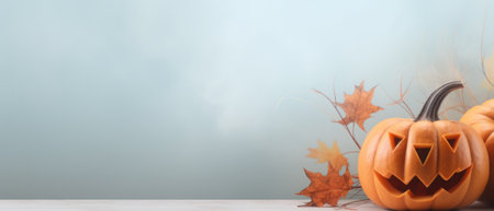 Happy Halloween holiday spooky scary background with decoration pumpkins and bats, Haloween event invitation poster card backdrop, trick or treat witch fall party. Copy empty space.の素材