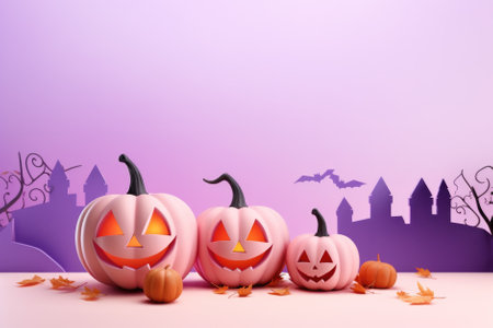 Happy Halloween holiday spooky scary background with decorations pumpkins, Haloween event invitation poster card mysterious pastel backdrop, trick or treat fall party. Copy space.の素材