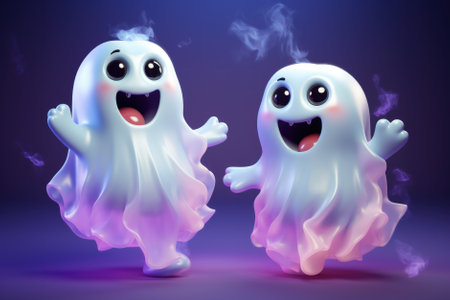 Two cute cartoon ghosts characters at Happy Halloween background having fun celebrating Haloween scary spooky haunted night fantasy fall scene party. Helloween invitation backdrop.の素材