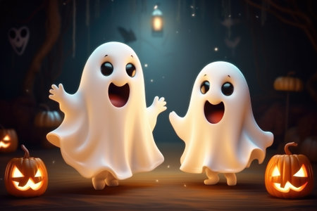 Two cute cartoon ghosts characters at Happy Halloween background having fun celebrating Haloween scary spooky haunted night fantasy fall scene party. Helloween invitation backdrop.の素材