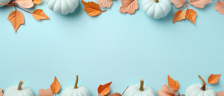 Happy Thanksgiving season celebration traditional pumpkins on decorated pastel table fall leaves background. Halloween decorations wood autumn cozy flat lay, top view, copy space.の素材