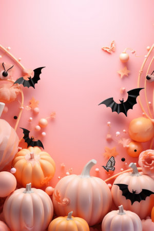 Happy Halloween holiday spooky scary background with decorations pumpkins, Haloween event invitation poster card mysterious pastel backdrop, trick or treat fall party. Copy space.の素材
