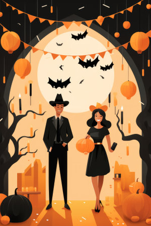 Group of young friends cartoon people and monsters dressed in creative Halloween magic scary spooky costumes having fun at october Happy Haloween party celebration background.の素材