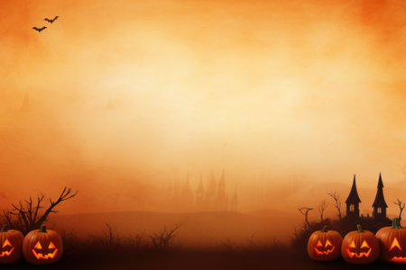 Happy Halloween holiday spooky scary background with decorations pumpkins, Haloween event invitation poster card mysterious orange backdrop, trick or treat fall party. Copy space.の素材