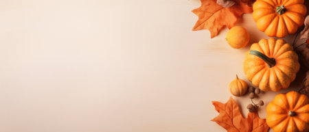 Happy Thanksgiving season celebration traditional pumpkins on decorated table fall autumn leaves background. Halloween decorations autumn cozy backdrop, mock up, copy space.の素材