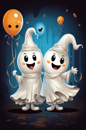 Two cute cartoon ghosts characters at Happy Halloween background having fun celebrating Haloween scary spooky haunted night fantasy fall scene party. Helloween invitation backdrop.の素材