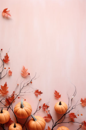 Happy Thanksgiving season celebration traditional pumpkins on decorated pastel table fall leaves background. Halloween decorations wood autumn cozy flat lay, top view, copy space.の素材