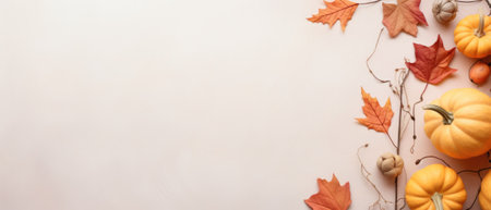 Happy Thanksgiving season celebration traditional pumpkins on decorated pastel table fall leaves background. Halloween decorations wood autumn cozy flat lay, top view, copy space.の素材