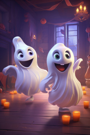Two cute cartoon ghosts characters at Happy Halloween background having fun celebrating Haloween scary spooky haunted night fantasy fall scene party. Helloween invitation backdrop.の素材