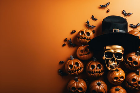 Happy Halloween holiday spooky scary background with decorations pumpkins, Haloween event invitation poster card mysterious orange backdrop, trick or treat fall party. Copy space.の素材