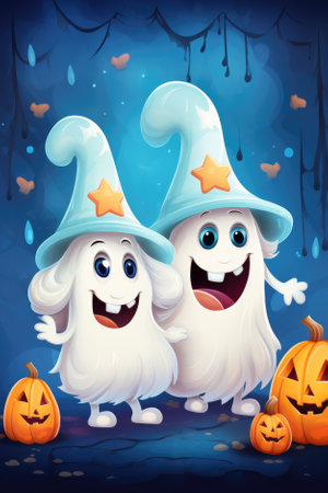 Two cute cartoon ghosts characters at Happy Halloween background having fun celebrating Haloween scary spooky haunted night fantasy fall scene party. Helloween invitation backdrop.の素材